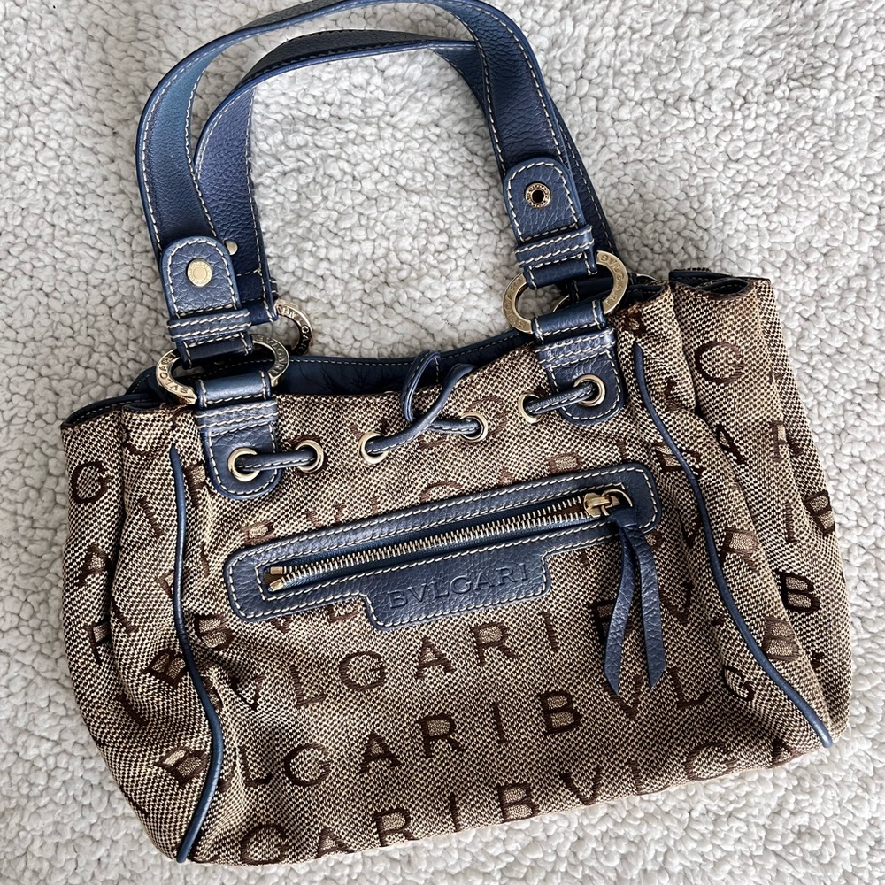 Bulgari Brown and Blue Shoulder Bag with Luxurious Leather Trim